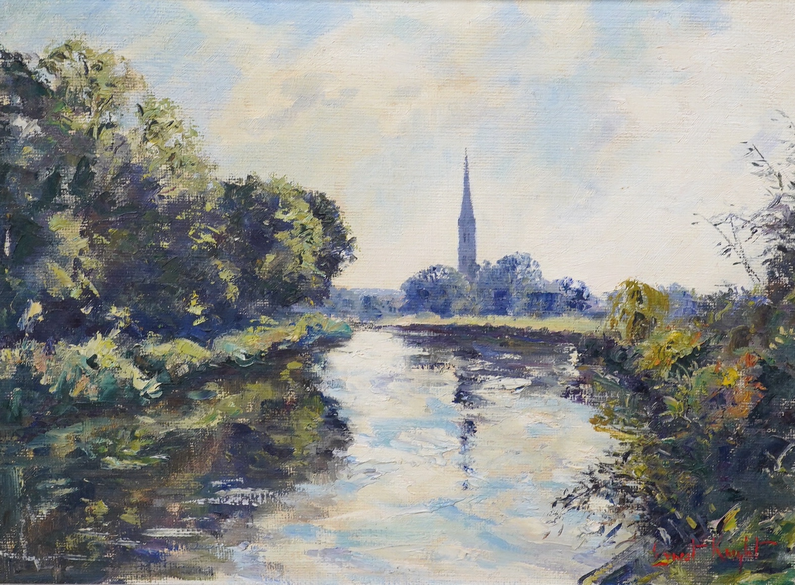 Ernest Knight (1915-1995), oil on canvas, 'Riverscape, Salisbury', signed, 39 x 54cm. Condition - fair to good